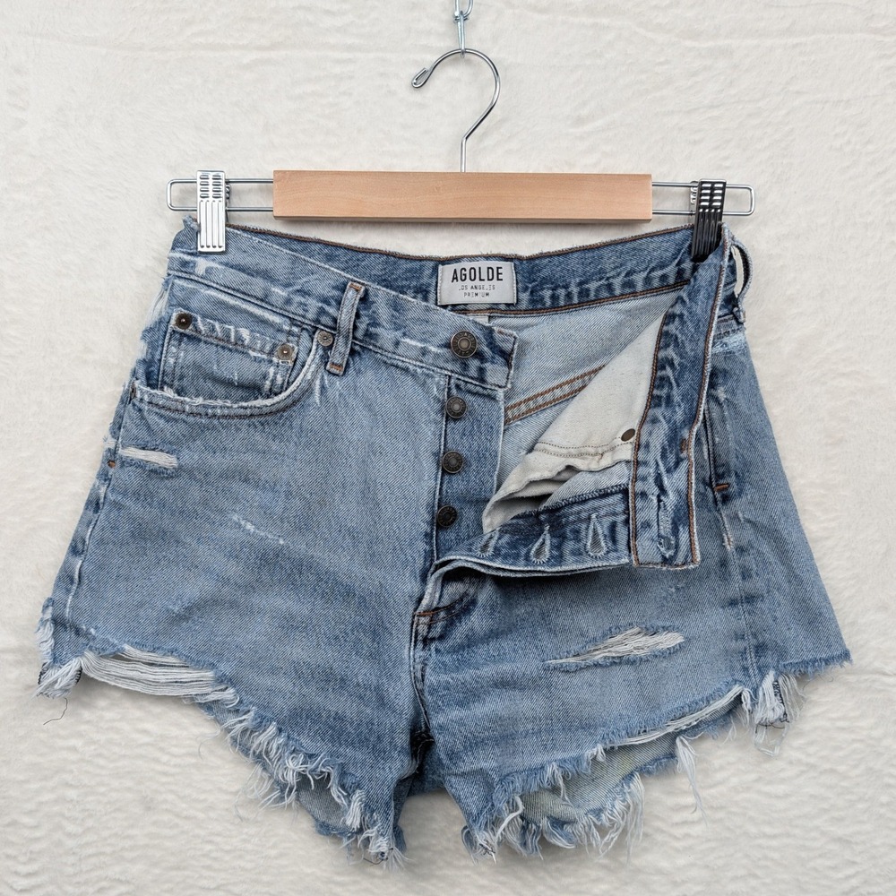 Agolde Shorts Women 24 Blue 4" Distressed Cut Off Denim Frayed Hem Light Wash